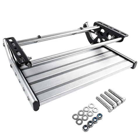 Manual RV Step Single Folding Ladder For Trailers And Campers, Retractable Entry Stair, 440 LB Capacity, Aluminum Alloy Construction With Powder Coated Steel Plates, Built To Last And Easy To Install For Motorhomes. Folded aluminum RV step with mounting bolts and washers