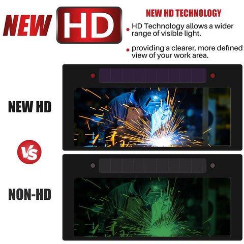 Comparison of Gold Auto Darkening Welding Lens with HD True Color and non-HD; clearer view with the HD model, for pancake and pipeliner hoods.