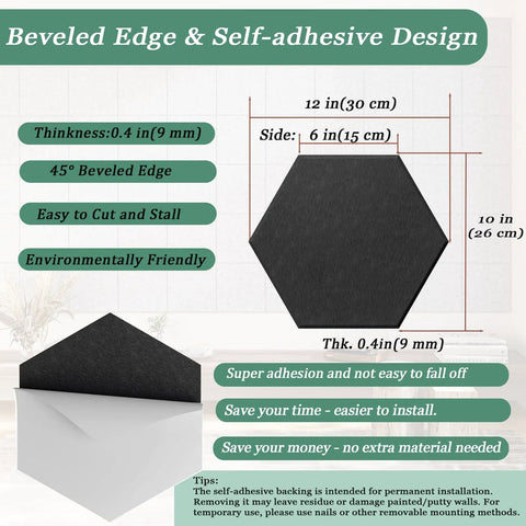 High Density Hexagon Acoustic Panels Peel And Stick Sound Blocking Wall Tiles Awesome For Home Practice Studios Podcast Rooms Music Tracks And Relaxed Vibes Black 12 Piece Room Decor Cover with dimensions and features