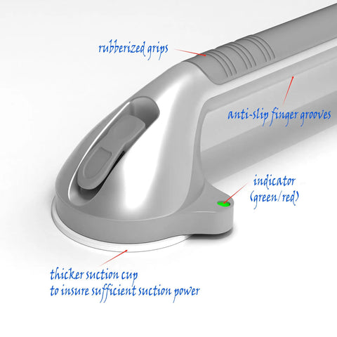 Close-up of 17 Inch Suction Grab Bar Set With Indicators No Drill Easy Install Two Pack For Shower Bathtub And Toilet
