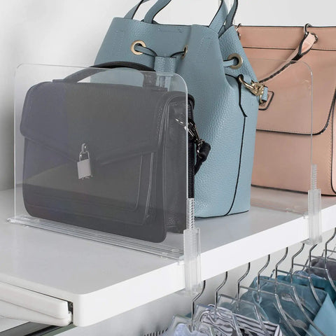 Clear Acrylic Shelf Dividers For Closets, Purse And Sweater Organizer, Flexible 4 Pack Adjustable Up To Two And A Half Inches Thick, Keeps Purses, Sweaters, And Shirts Neatly Separated, Easy Access And Space Saving Closet Organizer