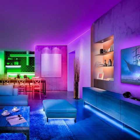 Colorful room with Two Rolls 130 Ft LED Strip Lights For Bedroom Color Changing Lights With Music Sync App Control And Remote.