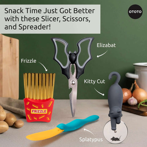 OTOTO Frizzle Crinkle Fry Cutter with black handles; includes Kitty Cut and Splatypus accessories.