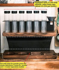 Top Shelf Solid Wood And Carbon Steel Single Dose Coffee Bean Storage Rack With One Way Vent Valve displaying multiple canisters.