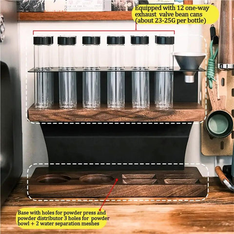 Top Shelf Solid Wood And Carbon Steel Single Dose Coffee Bean Storage Rack With One Way Vent Valve displaying multiple canisters.