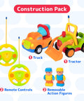 Two Pack Remote Control Cars For Toddlers, Truck And Tractor RC Toys With Easy Controllers, Realistic Sounds And Flashing Lights.