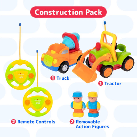 Two Pack Remote Control Cars For Toddlers, Truck And Tractor RC Toys With Easy Controllers, Realistic Sounds And Flashing Lights.
