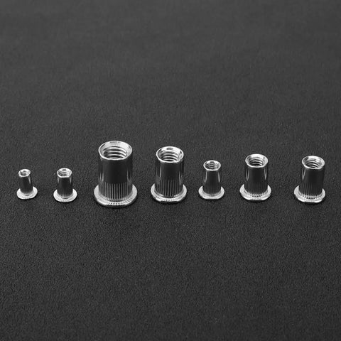 Pro Grade Rivet Nut Kit For Sheet Metal Repair M3 To M10 Stainless Steel Threaded Inserts arranged on black surface