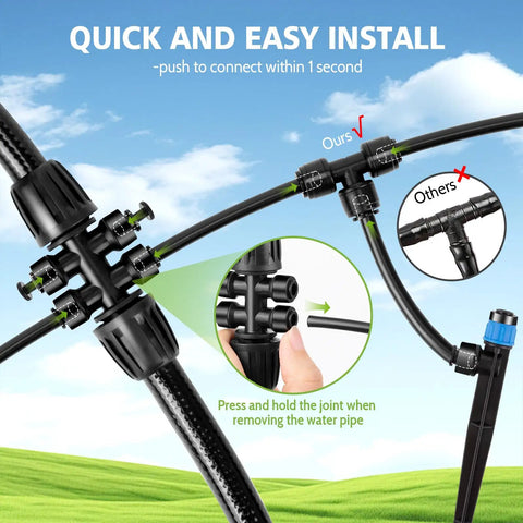 230 Feet Quick Connect Drip Irrigation System Kit installation process with connectors and hoses, showing ease of use and durability.