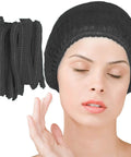 Bouffant Hair Net Cap 21 Inch Elastic Dust Cap for Food Service and Sleeping, black cap on woman's head, spunbond polypropylene