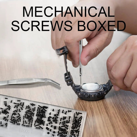 500 Pcs Micro Glass Screws Repair Kit With Tweezers And Screwdriver M1.2 M1.4 M2 Tiny Laptop Glasses Screws Assortment For Electronics Repair Watches SSDs M2 Hard Drives Black, watch repair with screwdriver and tweezers; box of screws visible on table.