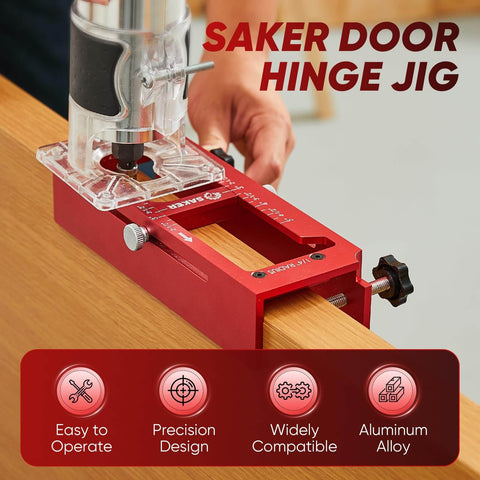 Heavy Duty Aluminum Alloy Door Hinge Jig And Deep Hole Pencil Set in red, adjustable router jig for jambs, close-up view