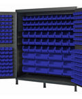 Dope Heavy Duty Jumbo Gray Storage Cabinet With 264 Blue Plastic Parts Bins fully loaded and open, showcasing organized storage.