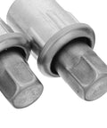 Close-up of Four Pack Adjustable Stainless Steel Furniture Feet Leveling Legs For 1.5 Inch Tubes, 2.8 To 3.6 Inch Height, Bullet Feet.
