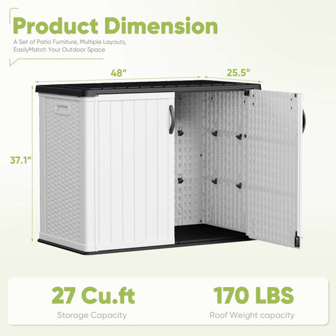Outdoor Storage Cabinet 26 Cu Ft With Lockable Doors, open view showing interior space and dimensions