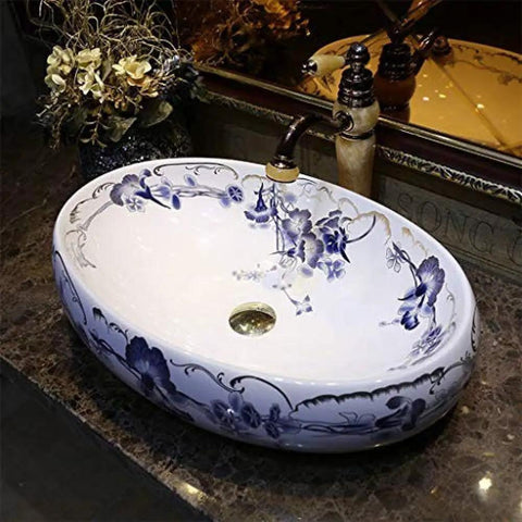 Heavy Duty Morning Glory Oval Bathroom Sink Crafted From Glossy Ceramic Featuring No Splash Countertop Mount And Sloped Drainage For Easy Cleanup And Total Powder Room Vibes with floral design.
