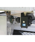 Close-up of the gearbox and chain mechanism of the Commercial Gas Powered Stainless Steel Hopper Spreader With Extension Chute 2 Cubic Yard Tank.