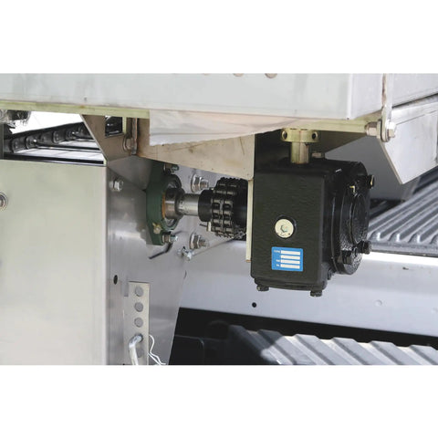 Close-up of the gearbox and chain mechanism of the Commercial Gas Powered Stainless Steel Hopper Spreader With Extension Chute 2 Cubic Yard Tank.