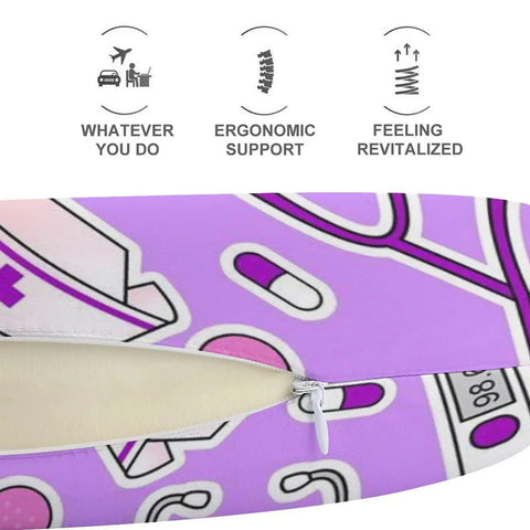 Close-up of nurse pattern purple U shape memory foam neck pillow cover with zip opening for easy access to core.