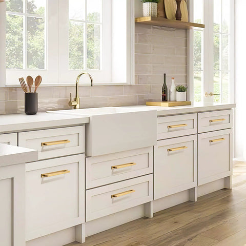 Kickass Square Cabinet Handles 10 Pack Featuring Three Inch Screw Spacing And Brushed Champagne Gold Zinc Alloy Furniture Pulls For Kitchen Cabinets Dressers And Closets on white cabinets.