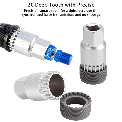 20 Tooth Bottom Bracket Removal Tool Kit With Anti Drop Fixing Rod Compatible With Shimano Octalink ISIS Truvativ Race Face And FSA BB Systems Pro Grade Heavy Duty 304 Stainless Steel Bike BB Tool For Easy Removal And Installation, showing tool components and precision teeth for accurate fit.