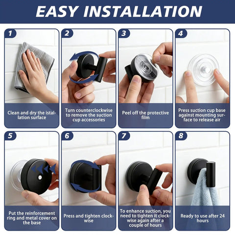 Easy installation guide for No Sweat Heavy Duty Suction Cup Shower Hooks in Matte Black with step-by-step instructions.