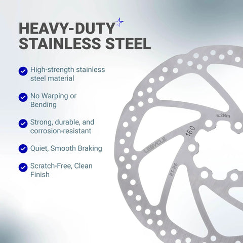 Image of 160mm 6-Bolt Stainless Steel Disc Brake Rotor For Road, MTB, and BMX Bikes with highlighted features and details.