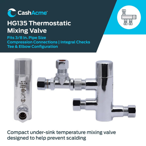 3/8 Inch Thermostatic Mixing Valve With Compression Connections, Tee And Integral Checks For Under-Sink Use No Sweat Scald Protection Brass Fitting