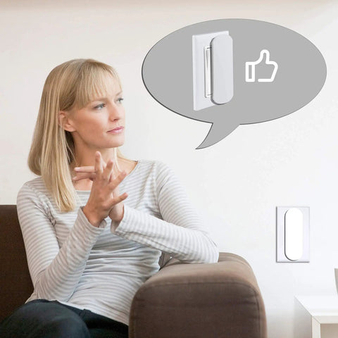 Woman sitting with a Magnetic Light Switch Guard Cover for flat modern switches, toggle switches, prevents accidental on, 4 pack.