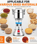 Heavy Duty Electric Grain Mill Grinder 2000W High Speed Stainless Steel Powder Machine Pulverizer For Dry Herb Spice Coffee Pepper Corn Cereals Ultra Fine Grinding With 750g Capacity Professional Grade Kitchen Tool with various dried materials.