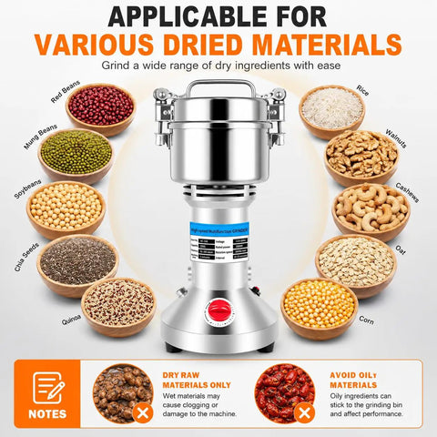 Heavy Duty Electric Grain Mill Grinder 2000W High Speed Stainless Steel Powder Machine Pulverizer For Dry Herb Spice Coffee Pepper Corn Cereals Ultra Fine Grinding With 750g Capacity Professional Grade Kitchen Tool with various dried materials.