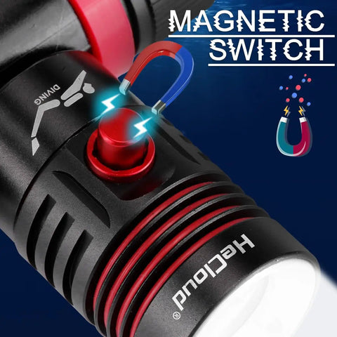 Close-up of 2000 Lumen Scuba Dive Light Beast Bright Rechargeable Underwater Headlamp with USB Charging IPX8 magnetic switch.