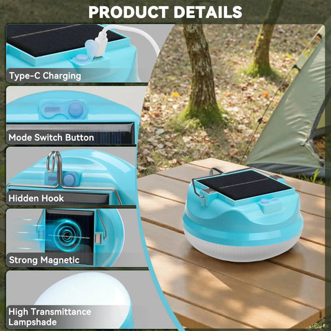 Go To Solar Camping Light For Tent Power Outages, Rechargeable LED Lantern with magnetic hook and high transmittance lampshade