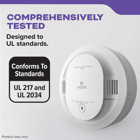 Two In One Smoke And Carbon Monoxide Detector With Voice Alerts Battery Powered Wire Free Interconnect LED Status Light And 85 Decibel Alarm Five Inch Unit No Fuss Install Model 30CUDR VRF For Safer Homes shown in side view with UL standards badge.