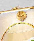 Brass 16 Inch LED Vanity Light Dimmable Wall Sconce With Adjustable Arm Plug In Bedside Reading Lamp Warm 3000K 8W Lit Indoor Lighting Modern Minimalist Vanity Fixture With Easy Touch Switch mounted above mirror.