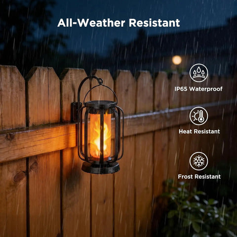 Lit Real Flame Solar Lanterns With USB Charging Four Modes Waterproof Outdoor Lights mounted on wooden fence in rain.