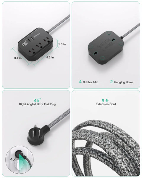 Travel Essentials Power Strip With USB Ports Compact Flat Plug Extension Cord 5ft Three Outlets Four USB Ports Non Surge Cruise Ship Ready Dorm Room Apartment Must Have Desktop Charging Hub
