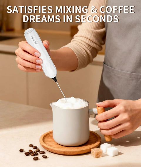 Person using Two Pack Handheld Milk Frother With Stand For Lattes Cappuccinos Matcha And Hot Chocolate Go To Valentines Day Gift
