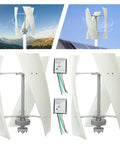 Vertical Wind Turbine Generator 24V 100W with 3 nylon fiber blades on rooftop mount, visible DN20 flange and controllers