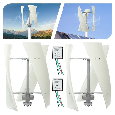 Vertical Wind Turbine Generator 24V 100W with 3 nylon fiber blades on rooftop mount, visible DN20 flange and controllers