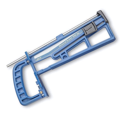 Universal Drawer Slide Jig For Cabinets Easy Install Drawer Slides Quickly And Accurately With A Locking Wedge Adjustable Indexing Foot And Large Clamping Area For Pro Grade Cabinet Hardware Installations, blue tool on white background