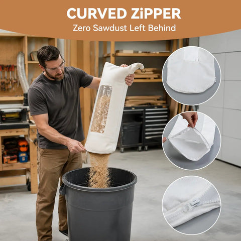 Heavy Duty Table Saw Dust Collector Bag With Clear View Window For 10 Inch Table Saws And 2 Point Five Inch Fittings in use, emptying sawdust, curved zipper.
