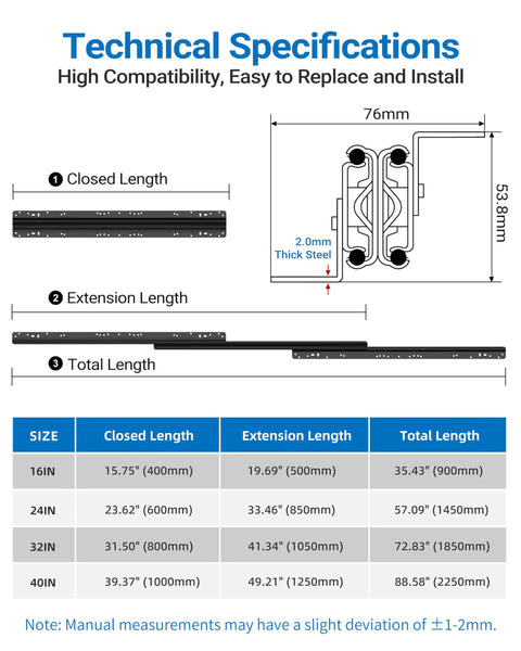 Technical specifications for Beefed-Up Heavy Duty Under-Stair Drawer Slides Full Extension Bottom Mount Rails, dimensions and sizes chart