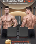 All In One Olympic Weight Bench With Roman Chair Preacher Curl And Leg Extension Foldable 1870 Pound Capacity Wide Bench Press Rack shown with athletes demonstrating V-Taper benefits