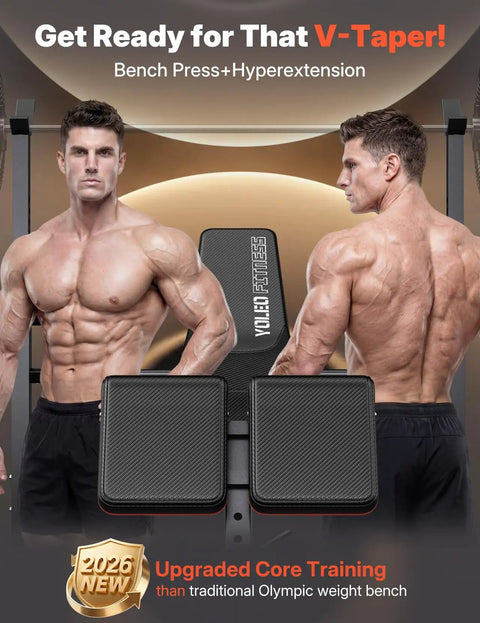 All In One Olympic Weight Bench With Roman Chair Preacher Curl And Leg Extension Foldable 1870 Pound Capacity Wide Bench Press Rack shown with athletes demonstrating V-Taper benefits