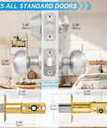 4 Pack Exterior Door Lock Set With Satin Nickel Knobs And Deadbolts, showing dimensions and adjustable latch details for standard doors