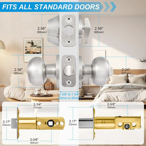 4 Pack Exterior Door Lock Set With Satin Nickel Knobs And Deadbolts, showing dimensions and adjustable latch details for standard doors