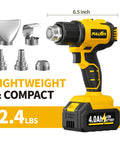 Cordless Heat Gun Kit With Dual Temp Up To 1022 F, 550 C, yellow hot air tool with 5 nozzles and 2x4.0Ah battery shown.