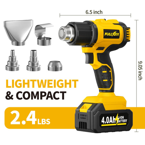 Cordless Heat Gun Kit With Dual Temp Up To 1022 F, 550 C, yellow hot air tool with 5 nozzles and 2x4.0Ah battery shown.