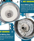 Close-up of dual grinding discs in 3000W Wet And Dry Grain Grinder Mill for rice, corn, coffee, wheat; wet and dry milling options.